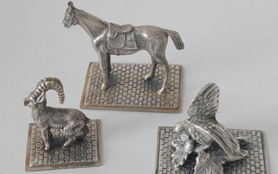 Three silver-plated miniatures: horse, dove and chamois (3x)