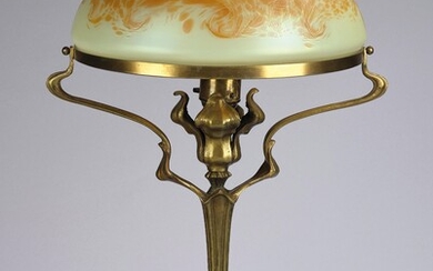 A bronze table lamp with lampshade by Johann Lötz Witwe, Klostermühle for E. Bakalowits, Söhne, Vienna, c. 1903