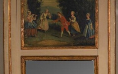 Trumeau in wood lacquered in grey-green and gilded, with painted decoration of a gallant scene. Beginning of the 19th century. 181x100 cm (Some small lacquer and gilding lacks).