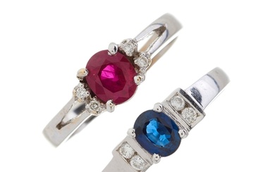 Two 18ct gold ruby, sapphire and diamond dress rings, stampe...