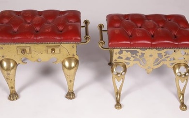 Two Brass and Tufted Red Leather Upholstered Footman, 19th Century