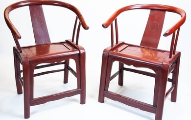 Two Chinese Ming-Style Red Lacquer Horseshoe Armchairs