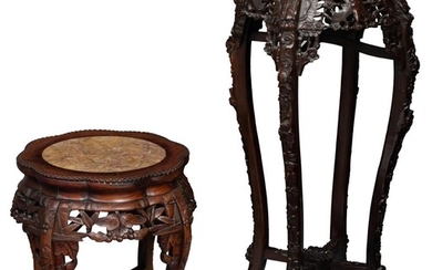 Two Chinese richly carved exotic hardwood stands, H 48 - 91 - W 40 - 42 cm