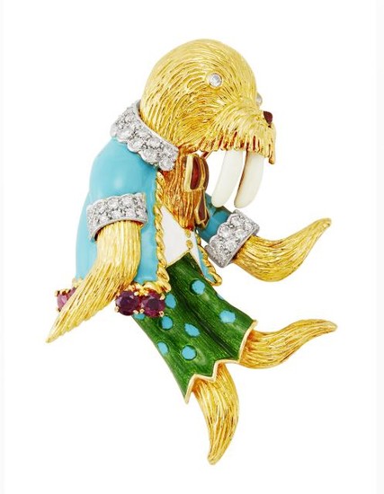 Two-Color Gold, Enamel, Diamond and Ruby Dancing Walrus Brooch