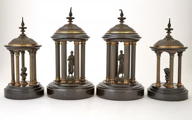 Two Pairs of Gilt-, Patinated-Bronze and Marble Tempiettos