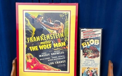 Two Vintage Movie Posters in Frames The Blob, Frankenstein Meets Wolf Man