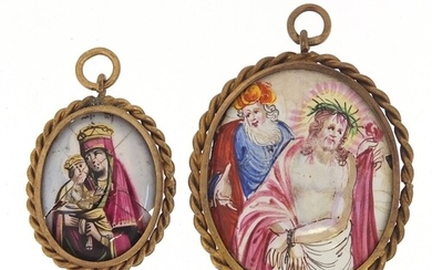 Two antique oval enamel panels housed in pendant mounts incl...