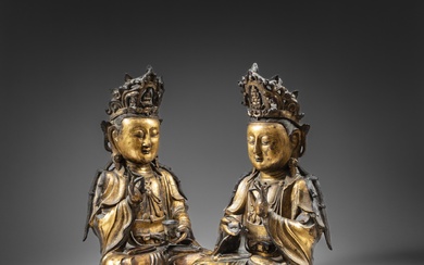 Two large companion gilt-bronze figures of Bodhisattvas, Ming dynasty, 16th - 17th century | 明十六至十七世紀 鎏金銅菩薩坐像一組兩尊
