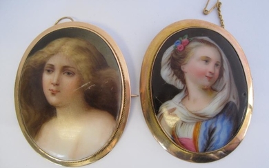 Two painted Portrait Miniature Brooches of young women in...