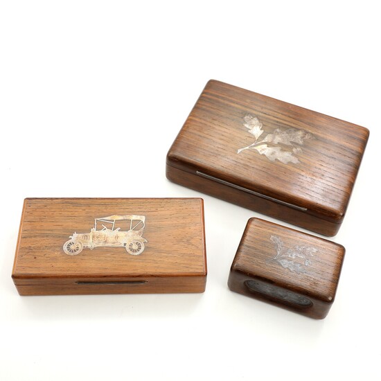 NOT SOLD. Two rosewood and bog oak boxes and a bog oak matchbox cover. Boxes...
