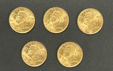 Un lot de 5 pièces de 20 Francs OR Suisse Helvetia 1947 (5) PN. 32,3...