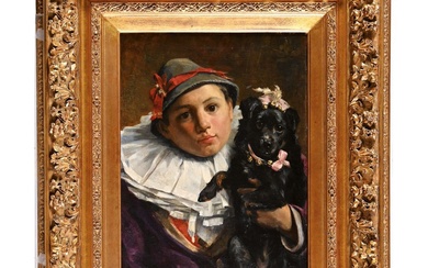 VANDEN HEYCKEN Charles. (1859-1923) « Le jeune arlequin et son chien ». Huile sur toile...