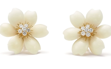 Van Cleef & Arpels, A Pair of Coral, Diamond and Gold ‘Rose de Noël’ Earrings