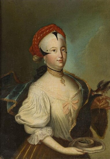 Venetian School, mid/late 18th Century- Portrait of a woman in oriental costume; oil on canvas laid down on board, 38 x 28 cm.