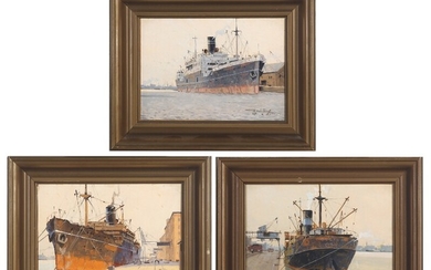 Victor Qvistorff: Harbour sceneries. All signed V. Quistorff respectively 1936, 1939 nd 1945. Oil on thick paper mounted on canvas. Each 15×21 cm. (3)