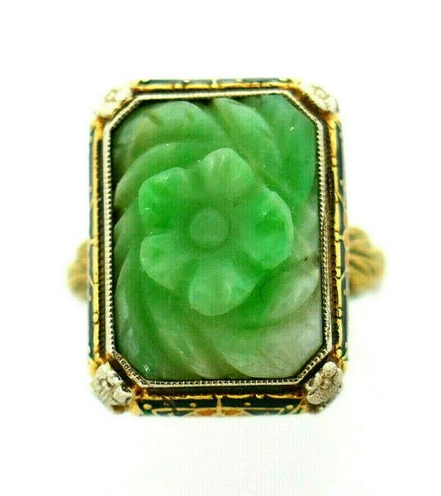 Victorian Carved Jade Enamel 14k Two Tone Gold Ring