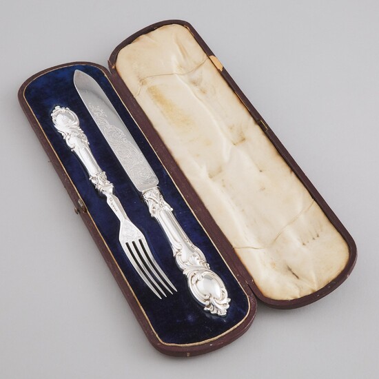 Victorian Silver Dessert Serving Knife and Fork, John Gilbert, Birmingham, 1854