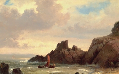 Vilhelm Melbye: Seascape with a fishing boat close to a rocky coast. Signed and dated V. M. 1860. Oil on panel. 29×38. Damborg frame with label.