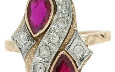 Vintage 14/18K Yellow Gold Ruby Diamond Yin Yang Style Ring