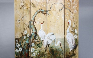 Vintage Canvas on Panel Screen With Marsh Scene, 20thC