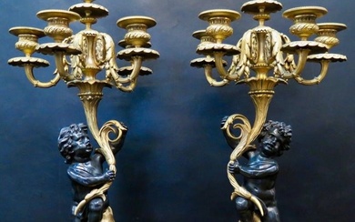 Vintage Pair Antique Bronze Louis XV Candelabra