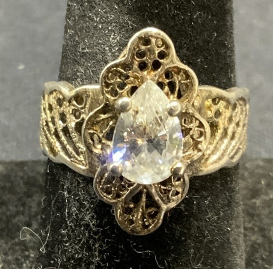 Vintage Sterling Silver Filigree Crystal Ring