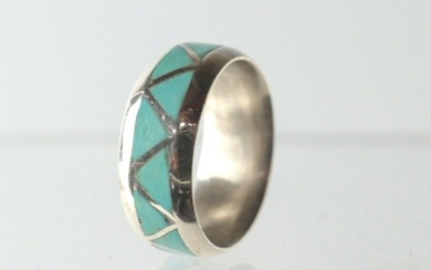Vintage Sterling Silver Turquoise inlay ring size 8.5 comfort fit