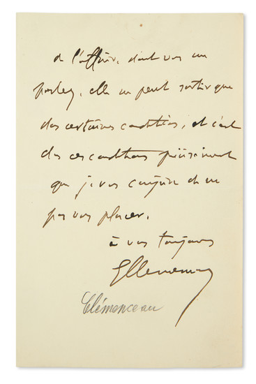 (WORLD WAR I.) CLEMENCEAU, GEORGES. Autograph Letter Signed, "GClemenceau," to "My dear general,"...
