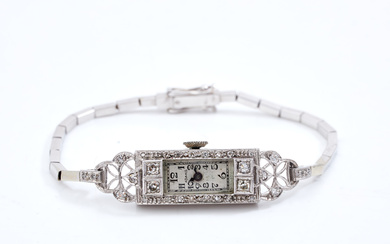 WRISTWATCH, Art Deco, 18k white gold, 42 pcs antique cut diamonds, Arabic numerals.