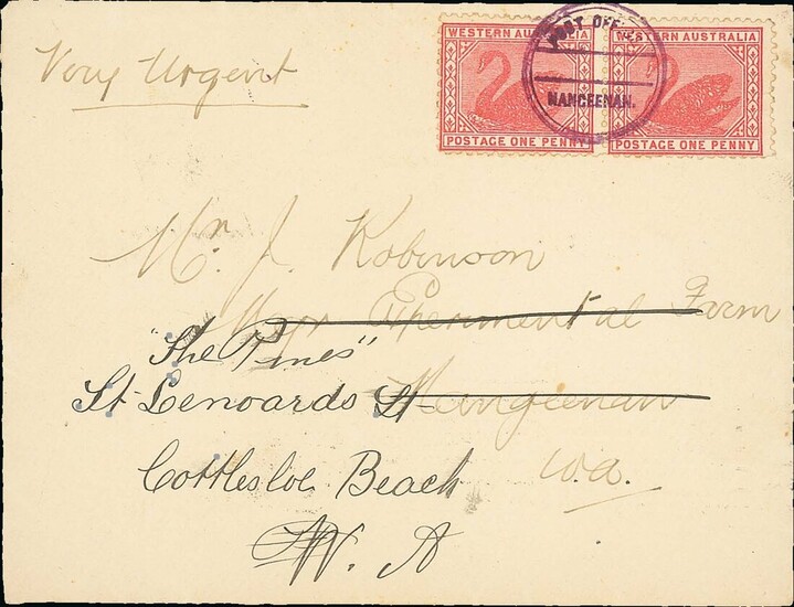 Western Australia 1906 envelope to Nangeenan and re-addressed to Cottleloe Beach, marked "Very...