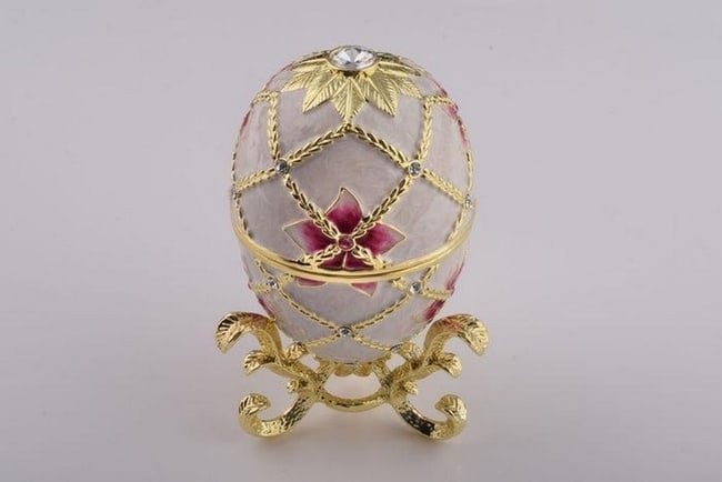 White Faberge Inspired Egg with Flowers and Harp