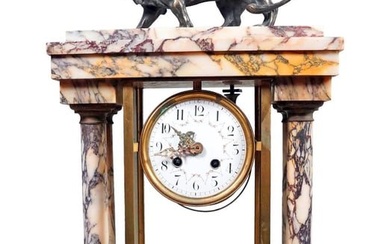 White Marble Mantle Clock With Bronze Lion