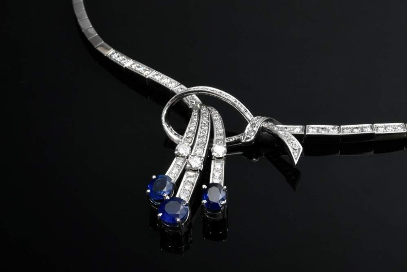White gold 750 necklace with 3 sapphires (add. ca. 1.40ct) and brilliant and octagonal cut diamonds (add. ca. 2.50ct/VSI-SI/W-TCR), 42,4g, l. 41cm