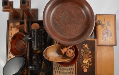 Wooden candlesticks, pedestal dish, musical trinket boxes and other wooden items.