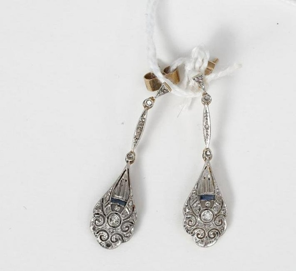 Yellow gold and platinum earrings, 14 kt, art deco, set with old European cut diamonds, rose cut