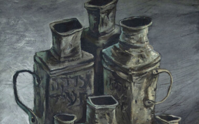 Yosl Bergner (1920-2017) - Tzedakah Boxes, Oil on Canvas, 1971.