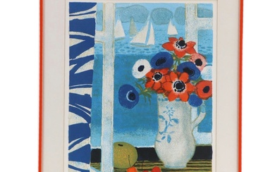 Yves Ganne Color Lithograph "Flowers and Fruit in Front of the Window"