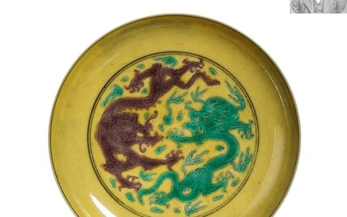plate with double dragons playing with pearls on a yellow background, Kangxi period, Qing dynasty