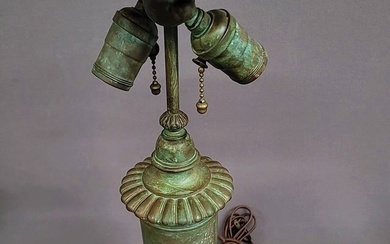 signed (Tiffany & Co - 17042) bronze lamp base with cap & sockets. Hgt 19 1/4" dia. 5 1/2". Good old