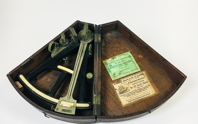 10-inch Ebony Boxed Octant, New York, with brass index arm, inlaid scale reading from 0-100, interior lid paper labels from H. Duren an