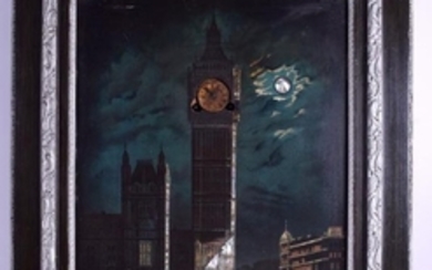 AN ANTIQUE OIL ON BOARD BIG BEN CLOCK within a wood