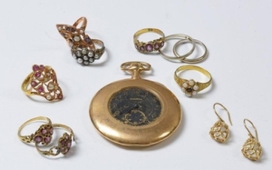 Waltham 14kt Gold Pocket Watch, Pair of 14kt Gold Earrings, and Nine Rings