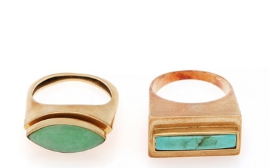 Two rings respectively set with a marquise-cut jade and a retangular-cut turquise, mounted in 14k gold. Size 54 and 55. (2)