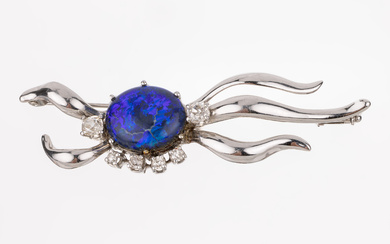 14 ct opal-diamond-brooch , WG 585/000, runder black opal-cabochon approx....