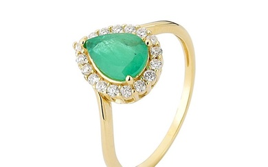 14 kt. Gold, Yellow gold - Ring - 1.00 ct Emerald - Diamonds