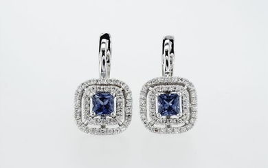 14 kt. White gold - Earrings - 1.02 ct Sapphire - Diamond