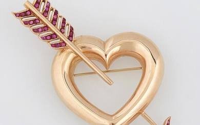 14K Yellow Gold and Ruby Heart Brooch, 20th c., the