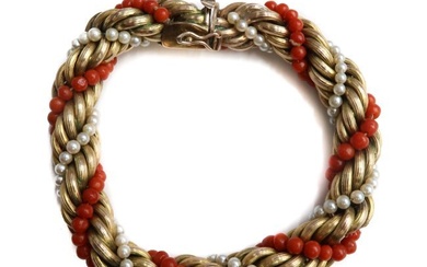 14k Yellow Gold Red Coral and Seed Pearl Rope Bracelet