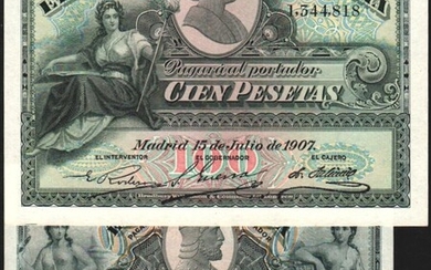 15 de julio de 1907. 50 y 100 pesetas. EBC+. Lote de 2