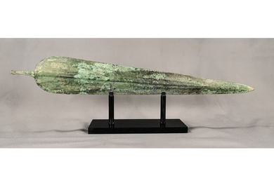 ANCIENT BRONZE BROAD EDGE SWORD ON STAND